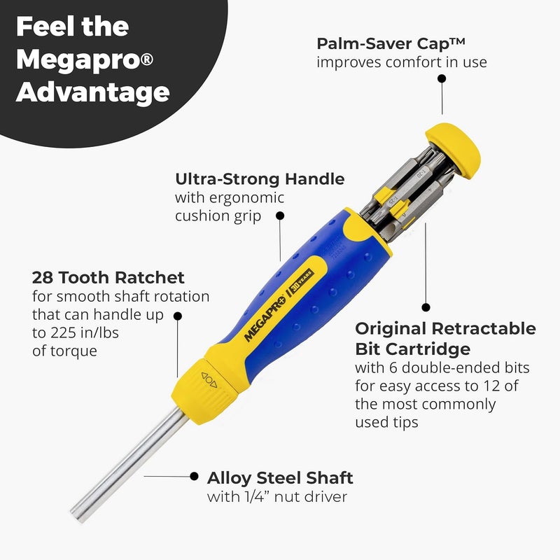 Megapro RATCHETING SCREWDRIVER - 13-in-1 Multi Bit Screw Driver w/ " Hex Shaft for Phillips, Star, Flat, Square Bit - Retractable Cartridge - Multi Screwdriver (Yellow) - Image 3